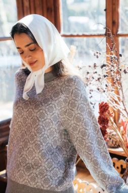 BARIBAL BESKIDZKI RWS - szaro - biały wełniany sweter oversize inspirowany haftem beskidzkim - 100% wełny merino RWS