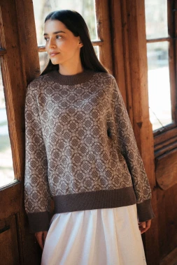 BARIBAL BESKIDZKI RWS - mokka - kremowy wełniany sweter oversize inspirowany haftem beskidzkim - 100% wełny merino RWS