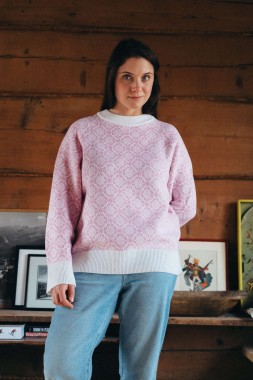 BARIBAL BESKIDZKI RWS - biały - jasnoróżowy wełniany sweter oversize inspirowany haftem beskidzkim - 100% wełny merino RWS