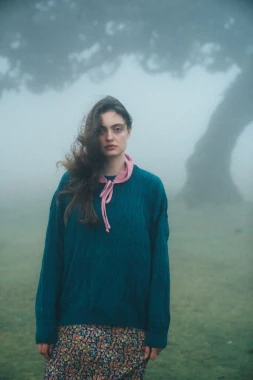 ORYKS RWS - petrolowy lekki oversizowy sweter w warkoczowy wzór - wełna merino i bawełna